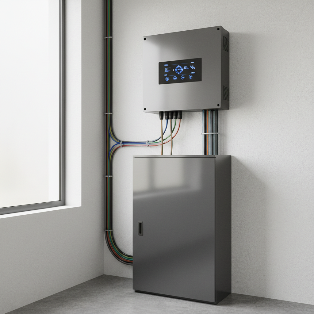 A modern 5kW hybrid solar inverter installed on a clean wall alongside a lithium battery bank in a Nigerian home.