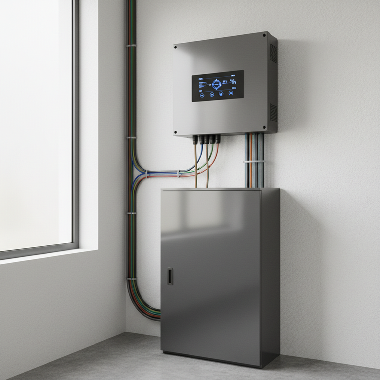A modern 5kW hybrid solar inverter installed on a clean wall alongside a lithium battery bank in a Nigerian home.