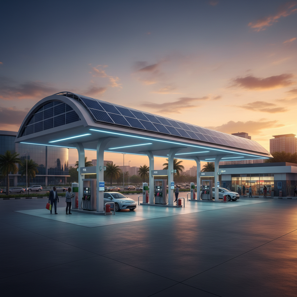 A modern solar-powered filling station in Ikeja, Lagos with solar panels mounted on the canopy roof.