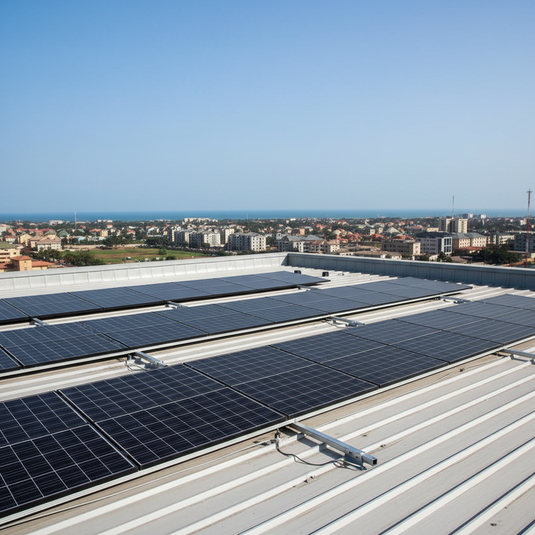 Professional solar panel installation on a modern commercial rooftop in Lekki, Lagos.