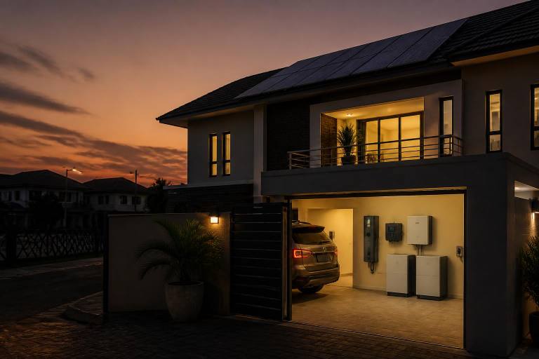 Modern Lagos home at dusk with rooftop solar panels and a wall-mounted LiFePO4 lithium battery cabinet powering the interior during a grid outage