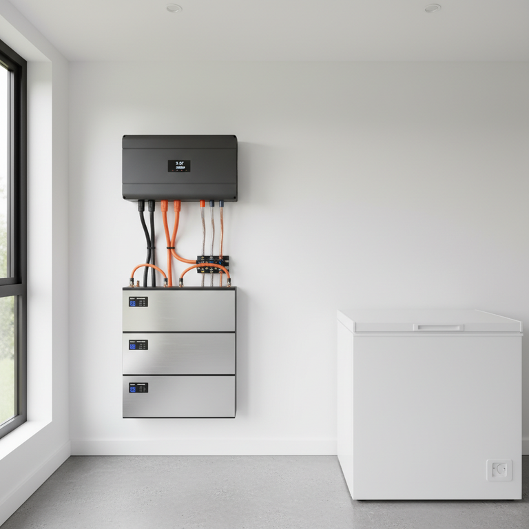 A modern LiFePO4 lithium battery bank connected to a solar inverter in a Nigerian home setting with a chest freezer visible.