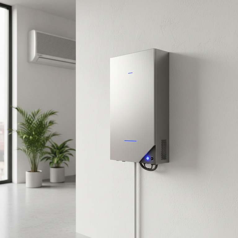 A modern wall-mounted LiFePO4 battery system next to a high-efficiency inverter air conditioner in a Nigerian home.
