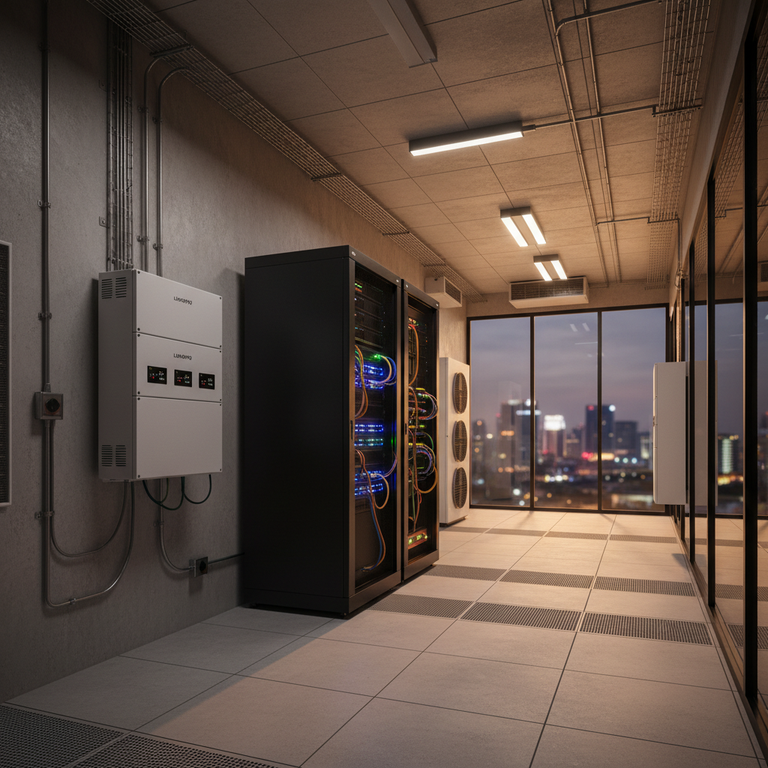 A professional server rack integrated with LiFePO4 lithium batteries in a clean office environment