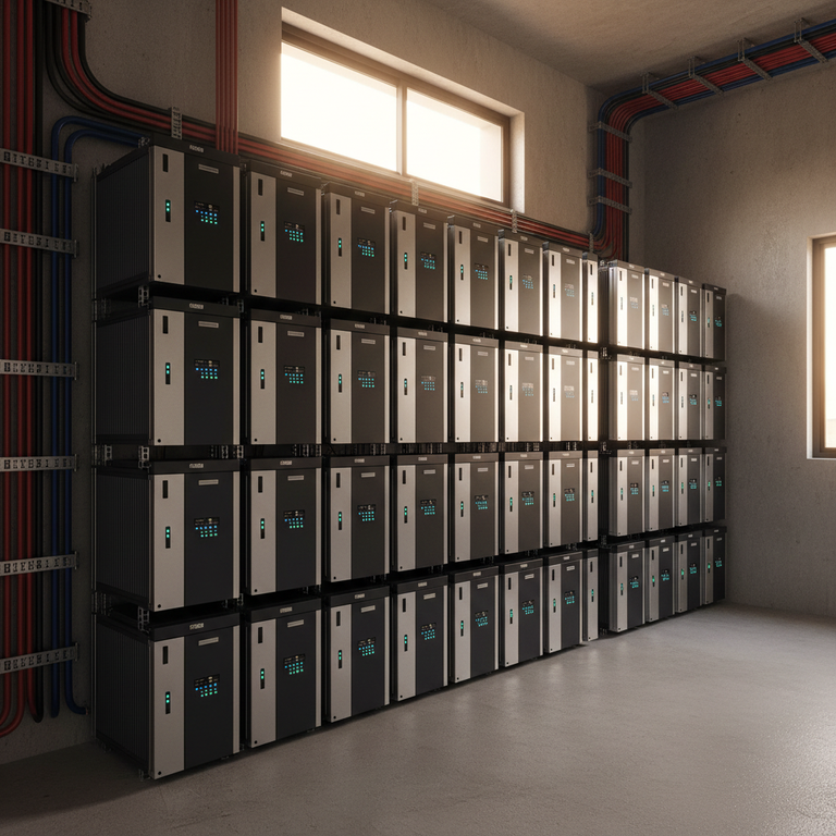 A professional installation of a 100kWh lithium battery rack system in a modern Nigerian residential utility room.
