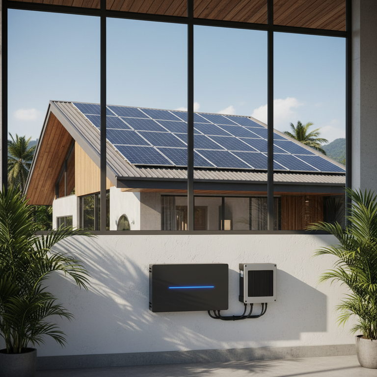 Modern high-efficiency solar panels installed on a residential roof in Lagos, Nigeria with a focus on clean energy components.
