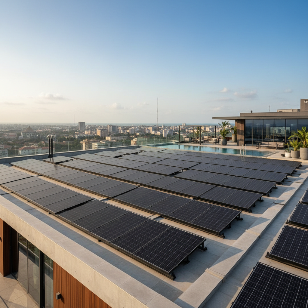 A modern residential solar installation in West Africa featuring high-efficiency monocrystalline panels and hybrid inverters.