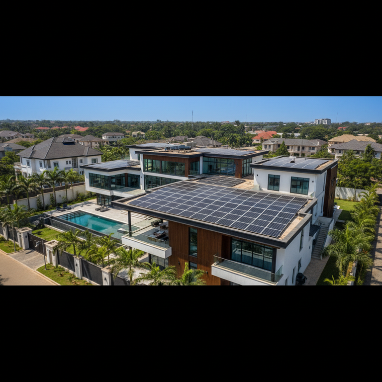 Professional solar panel installation on a modern Nigerian residential roof with high-efficiency monocrystalline modules.