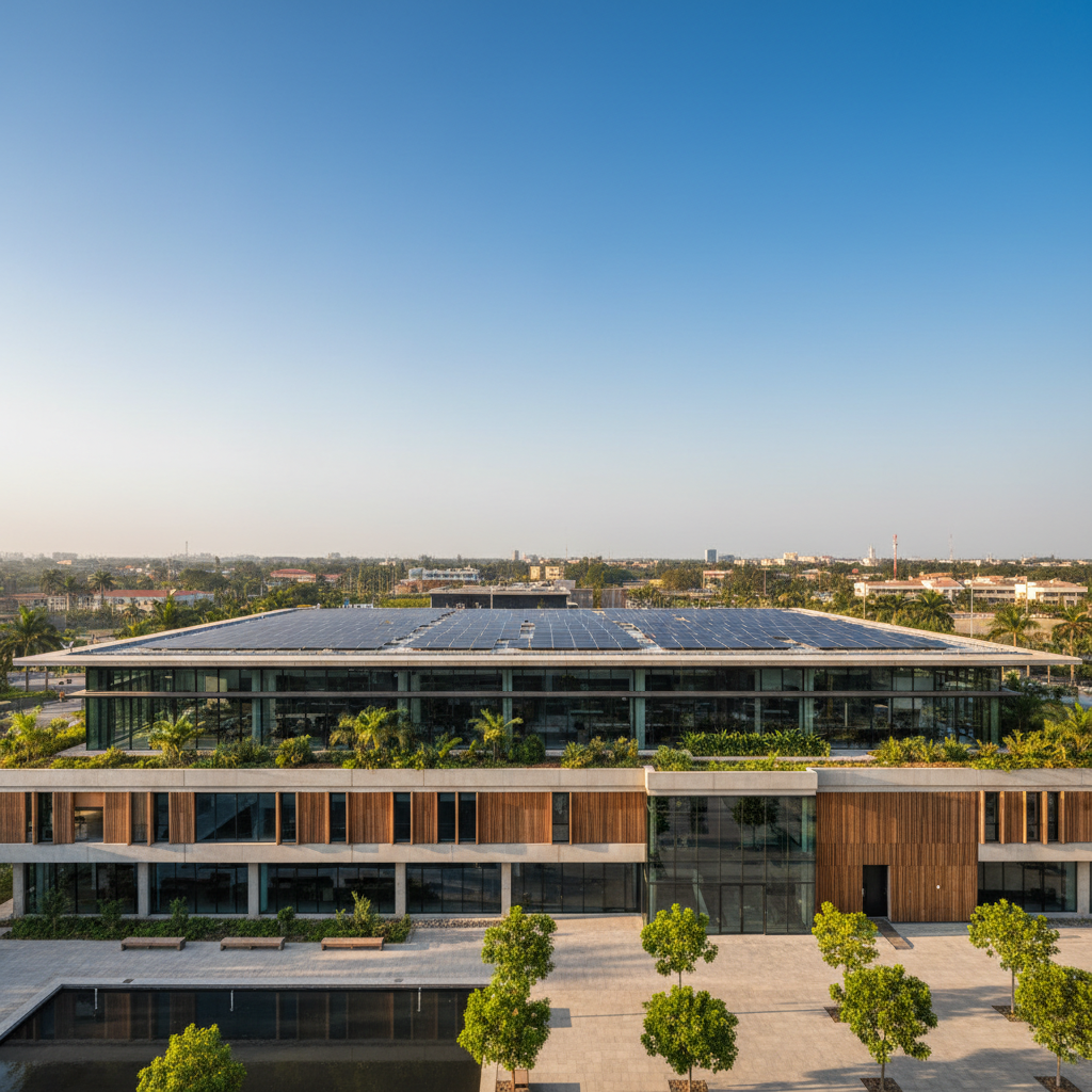 A high-tech solar panel installation on a modern building in Accra, Ghana, showcasing monocrystalline panels and professional mounting.