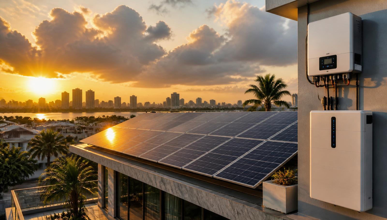 Rooftop solar installation over Lagos skyline at golden hour